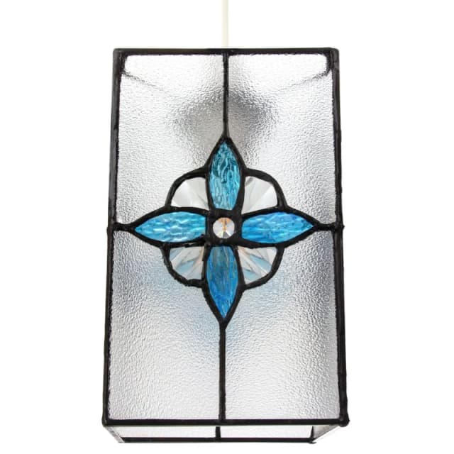Happy Homewares Traditional Clear Glass Tiffany Style Pendant Light Shade with Coloured Panels in Teal Teal Unisex