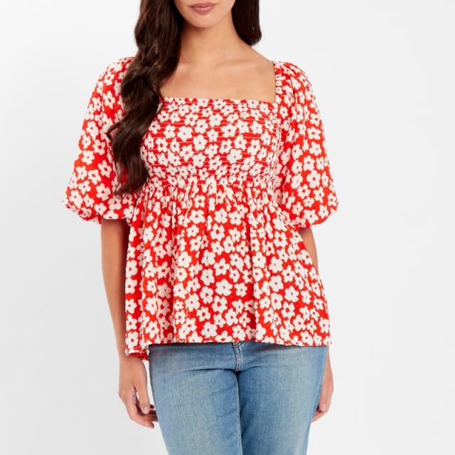 Be You Square Neck Puff Slv Top - Red Red 8