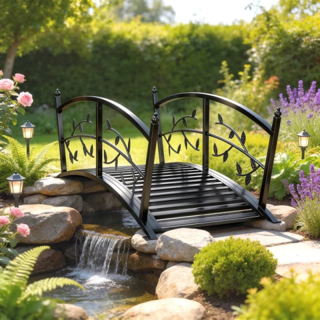 OUTSUNNY 1.2M Metal Garden Bridge with Safety Railings, Outdoor Pond Bridge in Black Unisex