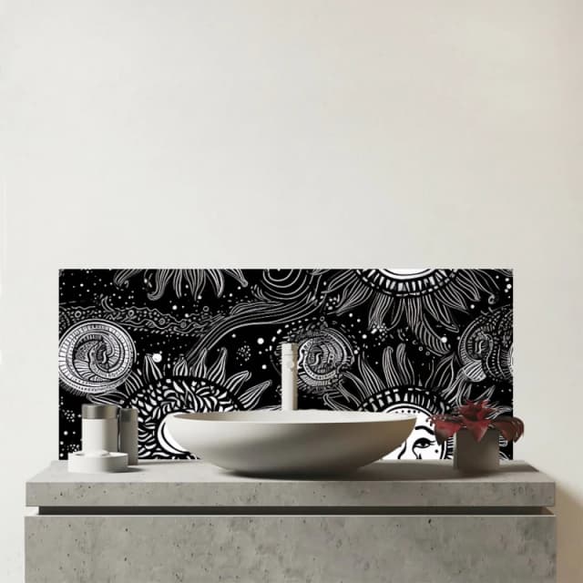 Warren Reed - Designer Moon & Sun White Black Glass Bathroom Splashback Black Unisex