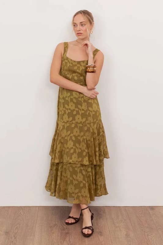 Anaya with Love Womens Floral Burnout Square Neck Tiered Midaxi Dress in Dark Olive Size: 8 Dark Olive Female 8