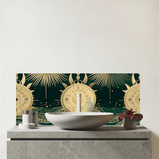 Warren Reed - Designer Green Moon & Sun Abstract Pattern Glass Bathroom Splashback Green Unisex