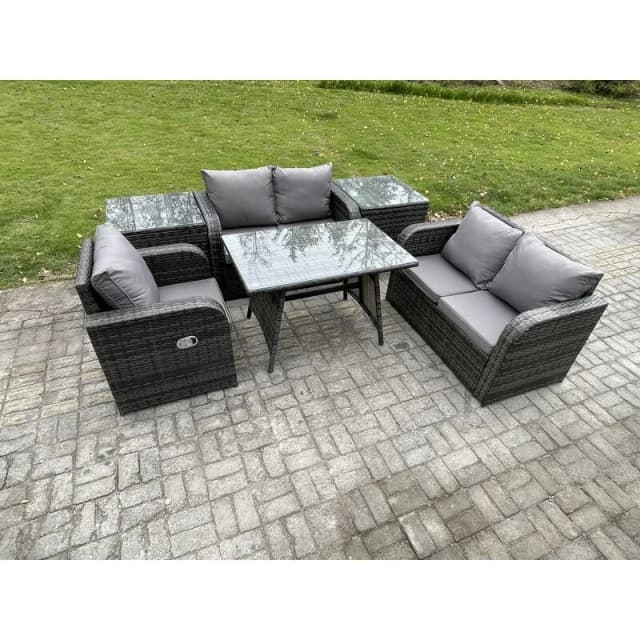 Fimous 6 Pieces Outdoor Garden Dining Sets Rattan Furniture With Dining Table Armchairs Love Sofa 2 Side Tables Dark Grey Mixed Dark Grey