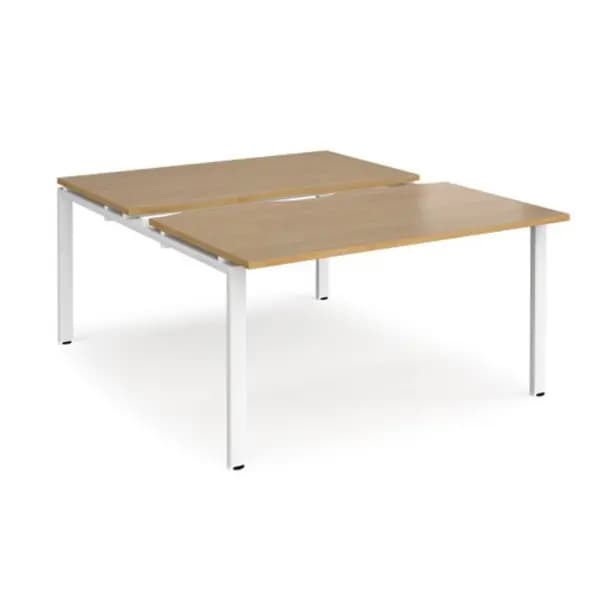 Adapt Bench Desk 2 Person Rectangular Desks 1400mm With Sliding Tops Oak Tops With White Frames 1600mm Depth Adapt Oak STE1416-WH-O
