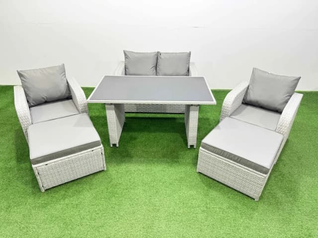 Fimous Outdoor Rattan Garden Furniture Dining Set 6-seater with 2 Big Stools in Light Grey Light Grey Unisex