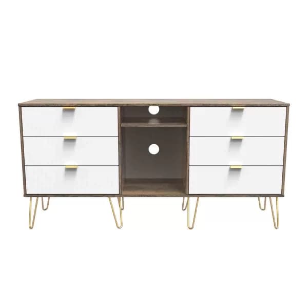 Welcome Furniture Ready Assembled Linear 6 Drawer Sideboard In White Matt & Vintage Oak