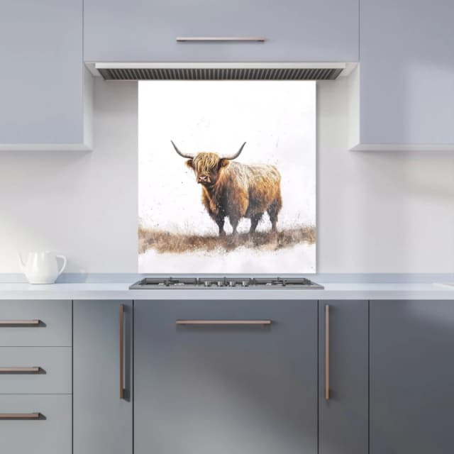 Warren Reed - Designer Highland Cow Watercolour Kitchen Splashback in Brown Size: 600mm x 650mm Brown Unisex 600mm x 650mm
