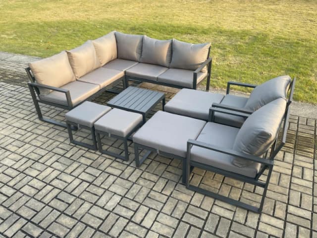 Fimous 11 Seater Outdoor Aluminium Garden Furniture Set Corner Lounge Sofa Set with Square Coffee Table 2 Pcs Chair Footstools Dark Grey Dark Grey Uni