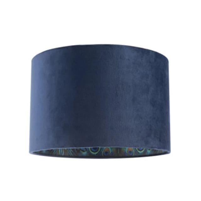 Happy Homewares Midnight Blue Velvet Lamp Shade With Colourful Peacock Feather Inner