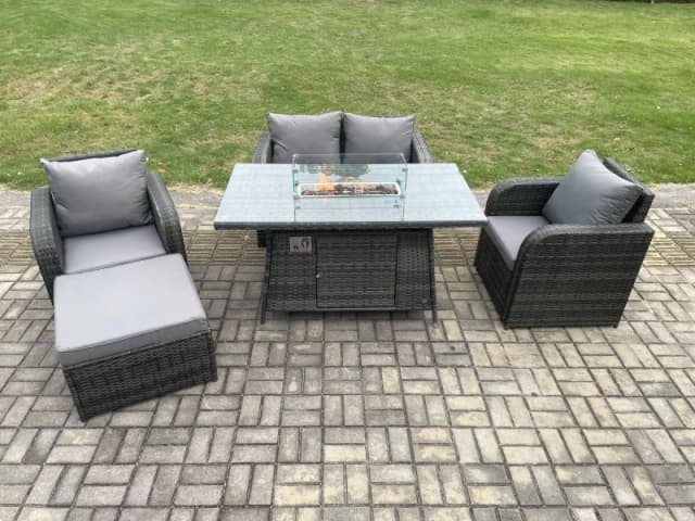 Fimous Rattan Outdoor Garden Furniture Set Gas Fire Pit Dining Table with Chair Love seat Sofa Footstool Dark Grey