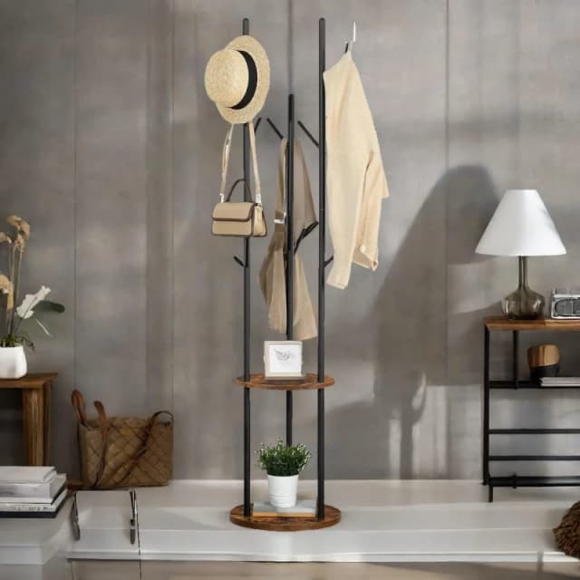 Rafaelo Mobilia Industrial Rustic Coat Stand With 2 Shelves in Dark Brown Dark Brown Unisex