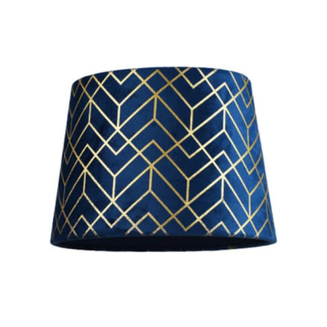 Happy Homewares Navy Blue Velvet Lamp Shade With Geometric Design In Metallic Gold Foil Lines
