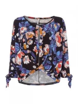 Free People Keepin On Floral Printed Long Tie Sleeve Top Black