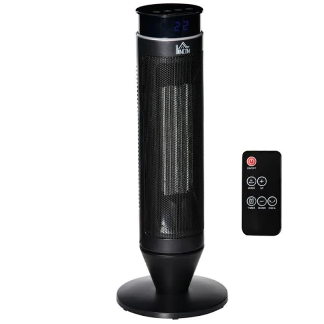 HOMCOM Tower Indoor Space Heater Electric Floor Heater w/ 2 Heat & Fan 1000W/2000W, Oscillation, Remote Control, Timer for Bathroom Aosom UK