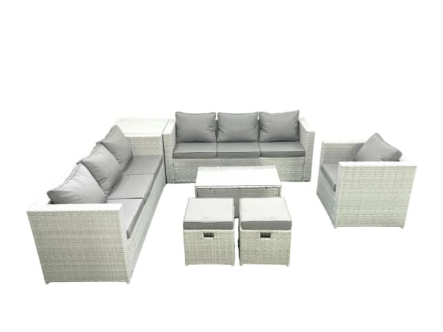 Fimous Wicker PE Rattan Sofa Garden Furniture Set with Armchair Oblong Coffee Table 2 Small Footstools Side Table Light Grey Mixed Light Grey