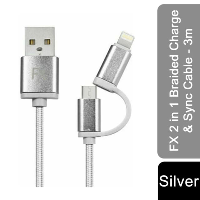 Fx 2 In 1 Braided Charge & Sync Cable - 3M : Silver
