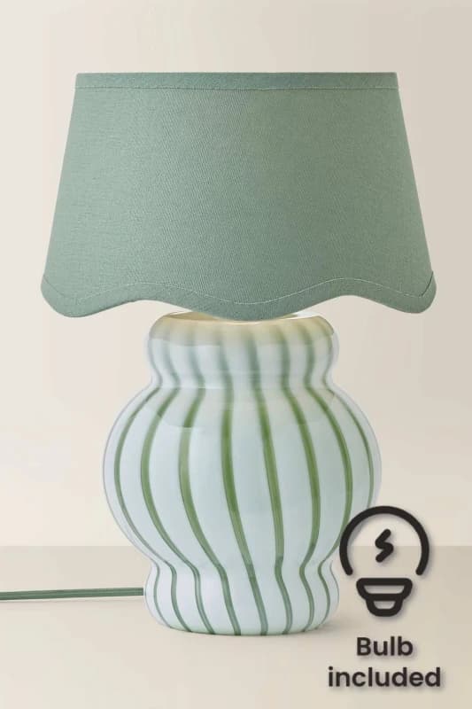 ValueLights ValueLights Taffy Stripe Green Glass Table Lamp with Sage Scalloped Shade and Bulb in Pale Green Pale Green One Size Unisex 5059406071461