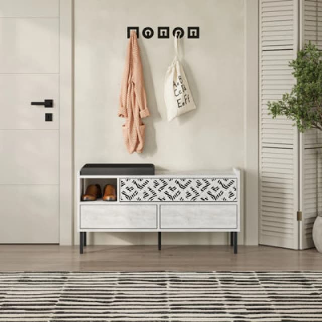 Decortie Heaton Shoe Bench Ancient White W/ Fabric Cushion Seat 3-Door Storage Cabinet 111(W)X37(D)X56.5(H)Cm Metal Legs Hallway