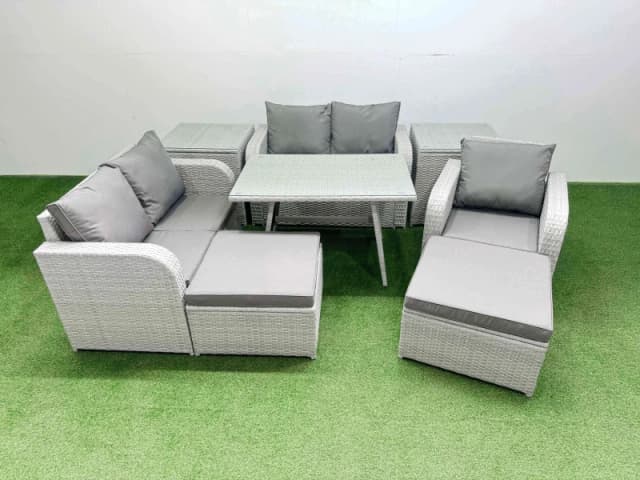 Fimous 7 Seater Rattan Garden Furniture Set with Rectangular Dining Table in Light Grey Light Grey Unisex