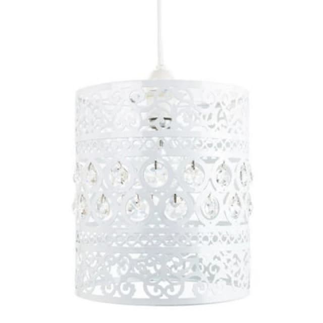 Happy Homewares Traditional And Ornate White Easy Fit Pendant Shade With Clear Acrylic Droplets
