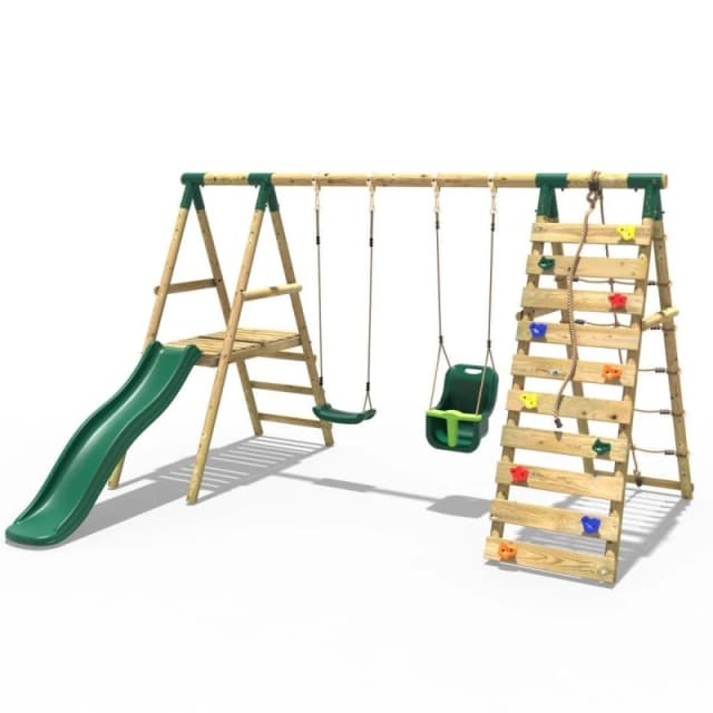 Rebo Wooden Swing Set with Baby Seat, Slide and Climbing Wall - Moonstone Green Green