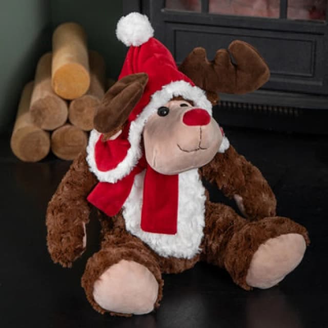Samuel Alexander 30Cm Sitting Plush Christmas Reindeer With Red Hat & Scarf