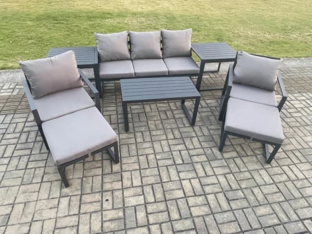 Fimous Aluminium 8 Pieces Garden Furniture Sofa Set with Cushions 7 Seater Outdoor Patio Set with 2 Armchair 2 Big Footstools 2 Side Tables Dark Grey