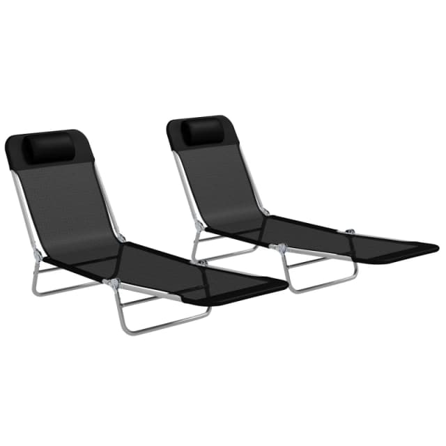 Outsunny Outsunny - 2 Pieces Sun Loungers Foldable Reclining Chair with Headrest Black 5056725509774