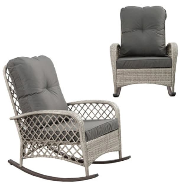 Patio Rattan Rocking Chair, Relaxer Wicker Rocker Armchair With Soft Cushion, All-Weather Steel Frame - Gray