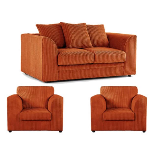 Furnishings For Less UK Luxor Jumbo Cord 2 + 1 + 1 Fabric 3 Piece Sofa Suite - Scatter Back Orange