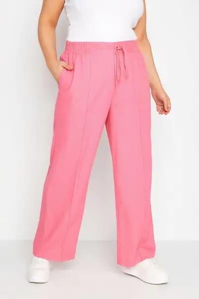 Yours Wide Leg Linen Trousers Pink