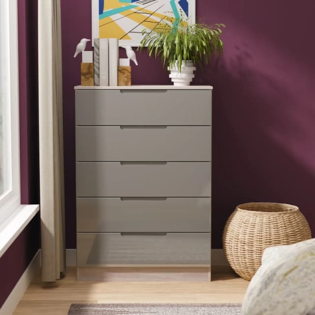 Cannes Ready Assembled 5 Drawer Chest in Grey Gloss & Grey Oak - Welcome Furniture TJ Hughes 5056812213058