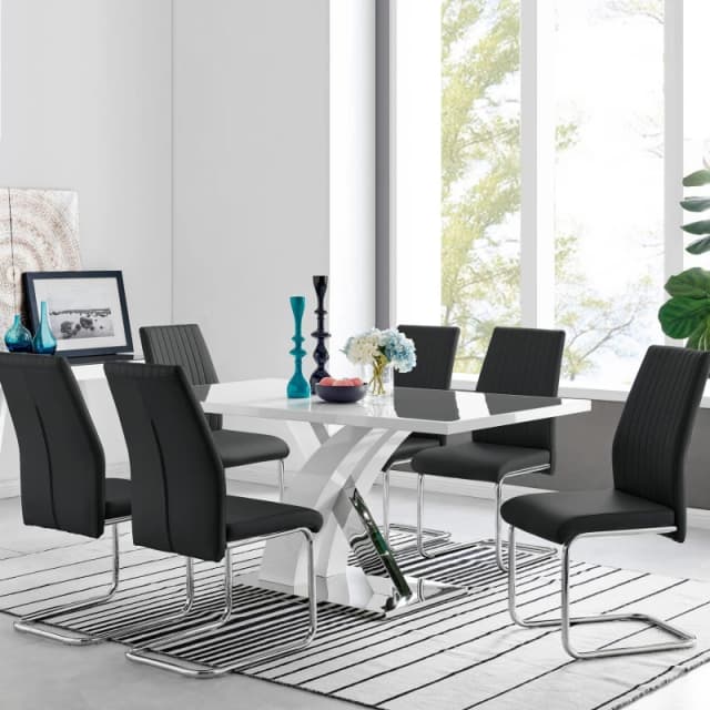 FurnitureboxUK FurnitureboxUK Atlanta Modern Rectangle Chrome Metal High Gloss White Dining Table And 6 Lorenzo Chairs Set in Black One Size Uni
