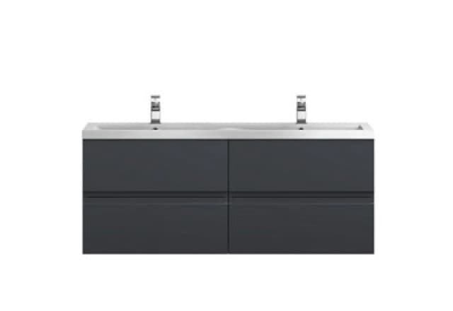 Nuie Hudson Reed Urban Wall Hung 4 Drawer Vanity Unit With Double Ceramic Basin, Modern Bathroom Furniture In Soft Black, 1200mm