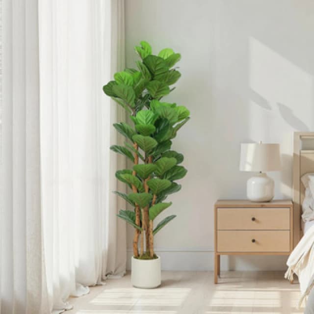 Homcom 150Cm Artificial Fiddle Leaf Fig Tree With Solid Wood Trunks
