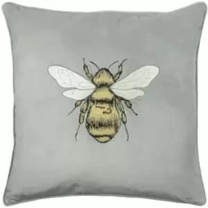 Paoletti Hortus Bee Embroidered Velvet Piped Edge Cushion Cover, Silver Grey, 50 x 50 Cm