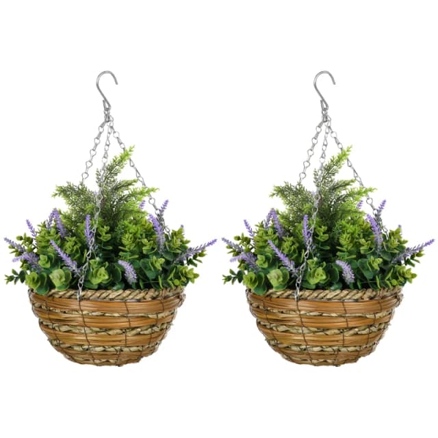 Outsunny 2 Pcs Artificial Lisianthus Flower Hanging Planter Basket Purple, Purple 844-360V00VT