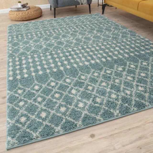 THE RUGS Soft Moroccan Diamond Shaggy Rugs & Runners Duck Egg Blue Living Room Size: 140cm x 200cm Duck Egg Blue Unisex 140cm x 200 cm