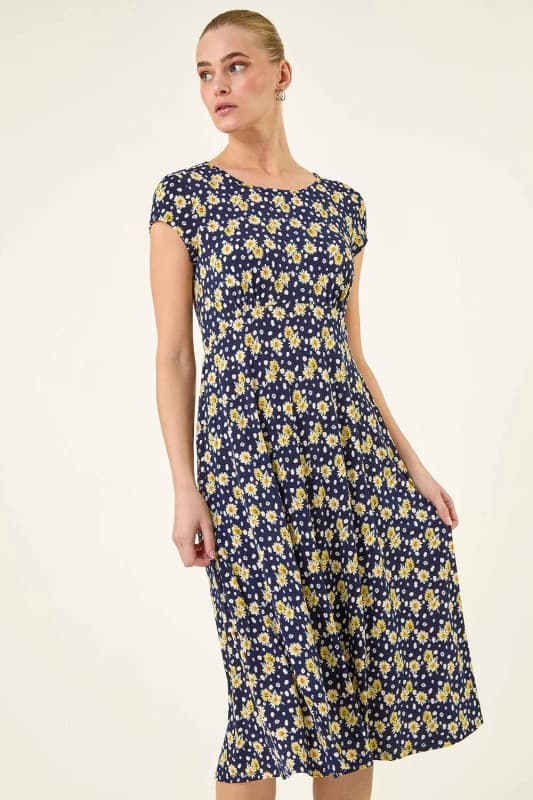 Roman Womens Daisy Print Midi Tea Dress in Navy Size: 16 Navy Female 16
