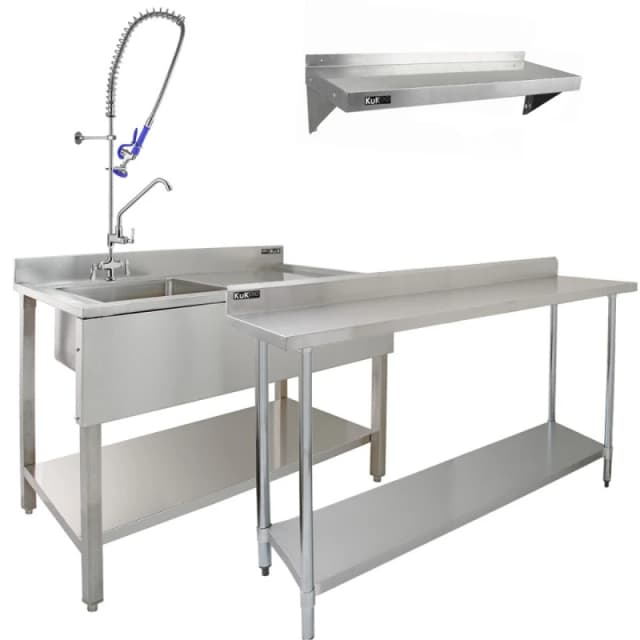 MonsterShop Commercial Sink & Pre-Rinse Tap - Right Hand Drainer, 6ft Stainless Steel Catering Bench, 2 X Wall Mounted Shelves