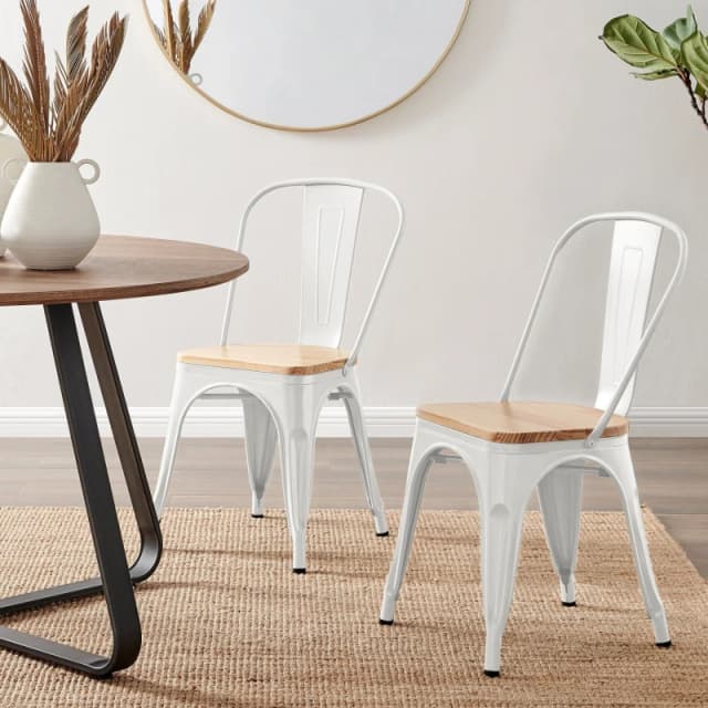 FurnitureboxUK FurnitureboxUK Set of 2 Colton Industrial Steel Stackable Tolix Style Dining Chairs With Pine Seats in White White One Size Unisex 5056
