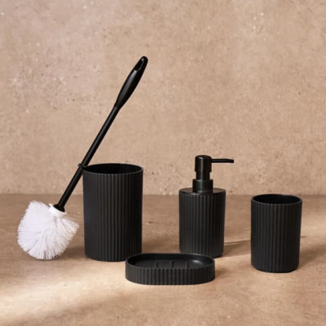 OHS OHS Bathroom Accessories 4 Piece Set Ribbed Soap Holder Tumbler Toothbrush in Black One Size Unisex 5027434216154