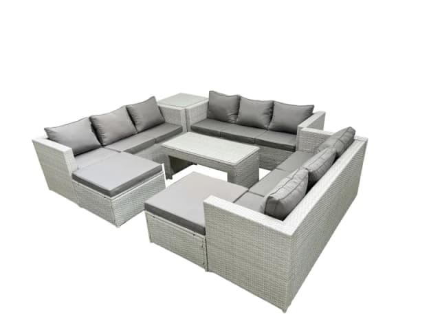 Fimous Rattan Garden Outdoor Furniture Set 11 Seater Garden Sofa Oblong Coffee Table Set with 2 Big Footstools Side Table Light Grey Mixed Light Grey