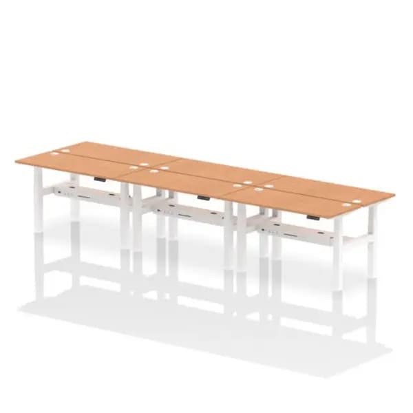 Air Air Back-to-Back 1400 x 600mm Height Adjustable 6 Person Bench Desk Oak Top with Cable Ports White Frame HASCP6P14600OAKW