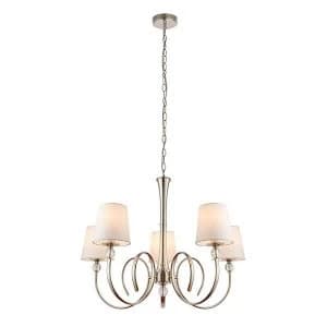 5 Light Multi Arm Shade Pendant Polished Nickel Plate, Vintage White Silk, E14