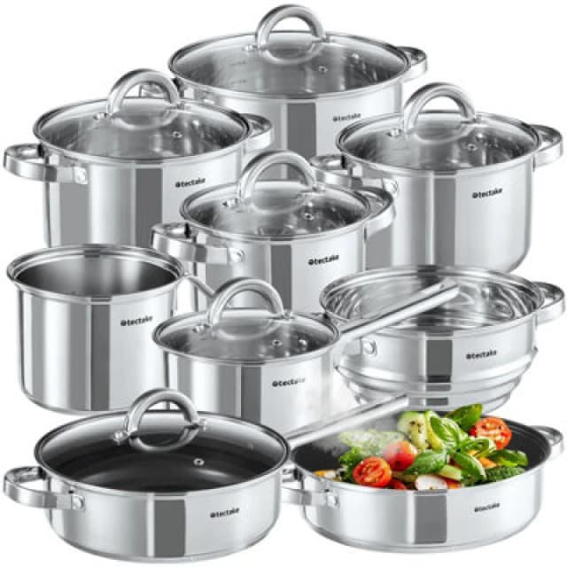 Tectake 15 Piece Pan Set With 5 Saucepans, 2 Frying Pans, Steamer, Milk Pot And 6 Glass Lids - Silver
