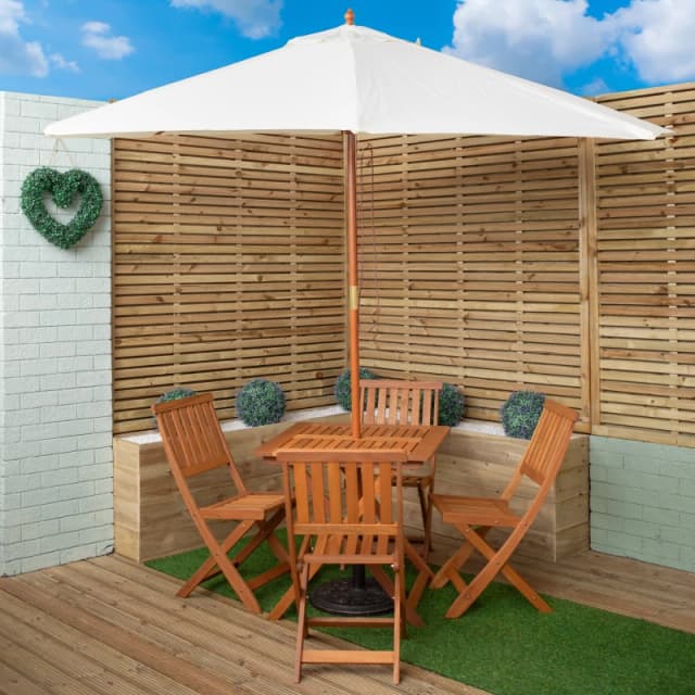 Outdoor 4 Person Folding Square Wooden Garden Dining Table Chairs Cream Parasol and Base Set