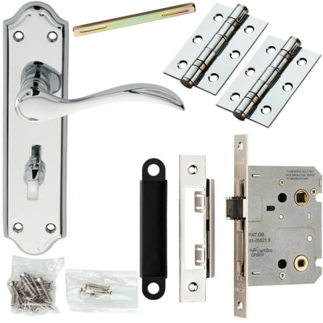 Loops Door Handle & Bathroom Lock Pack Chrome Victorian Curved Thumb Turn Backplate Multi
