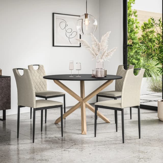 More4Homes Malvern Round Dining Table And Chairs - Black Table Top W Solid Oak Legs + Monza Fabric Dining Chair Set Of 4 (Beige)