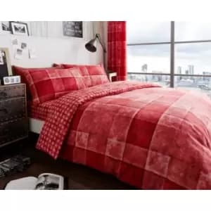Denim Check Duvet Cover Bedding Set - Red - Double - TJ Hughes